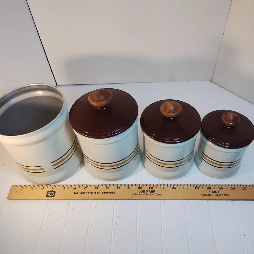 Vintage Canister West Bend Metal Brown Speckled Stripe Set of 4 Retro MCM 1970s